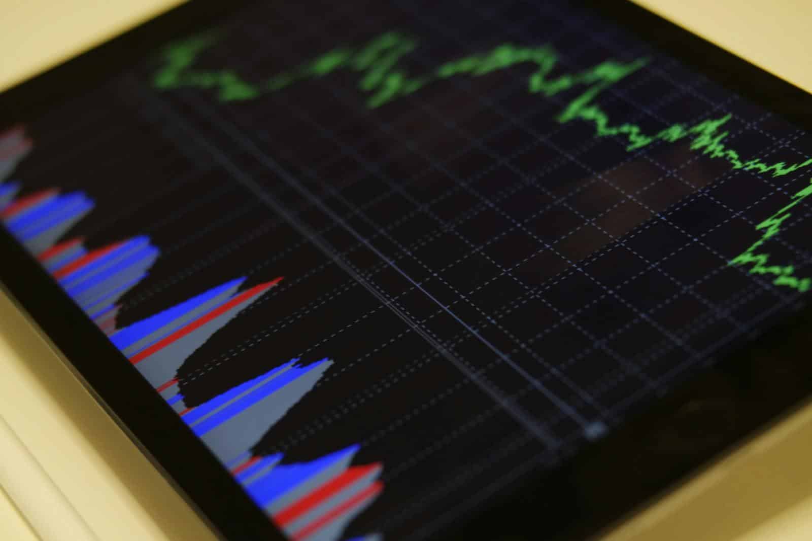 Close-up of a tablet displaying stock market analysis with colorful graphs.