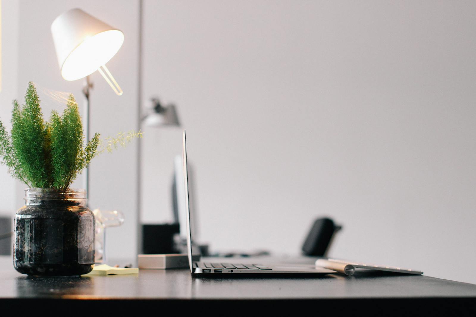 Stylish modern office desk with laptop, lamp, and indoor plant for productive work environment.